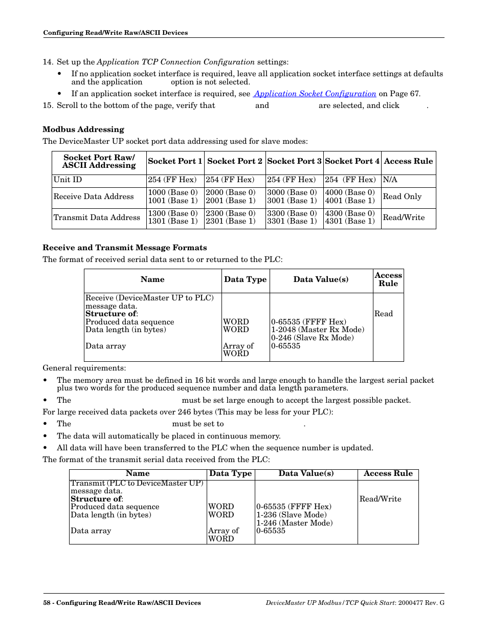 Modbus addressing, Receive and transmit message formats | Comtrol Modbus TCP Quick Start User Manual | Page 58 / 78