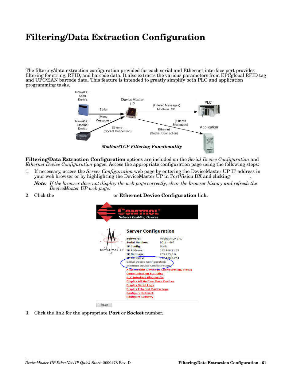 Filtering/data extraction configuration, Necessary, see | Comtrol Modbus TCP Quick Start User Manual | Page 61 / 78
