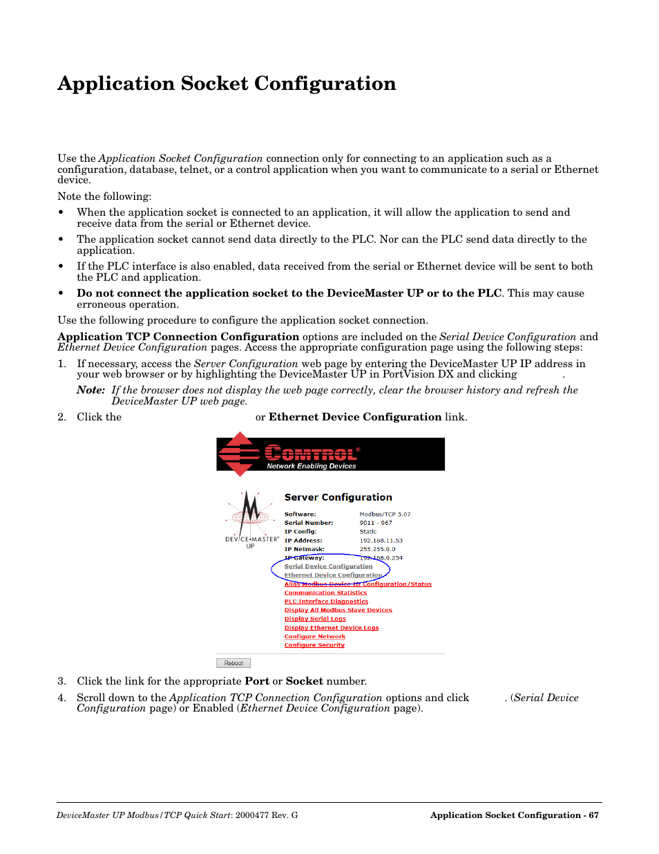 Application socket configuration, Application socket, Configuration | Comtrol Modbus TCP Quick Start User Manual | Page 67 / 78