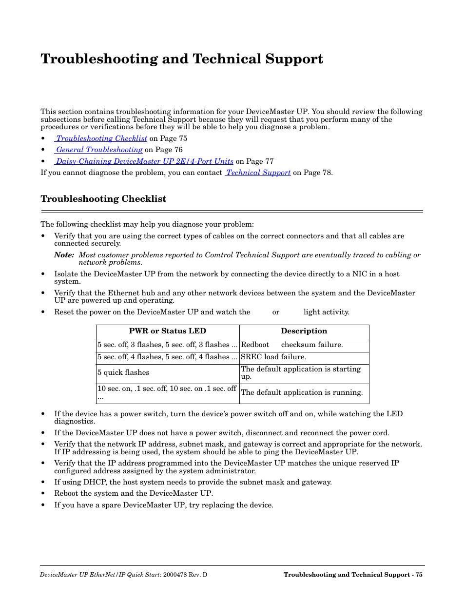 Troubleshooting checklist, Troubleshooting and technical support | Comtrol Modbus TCP Quick Start User Manual | Page 75 / 78