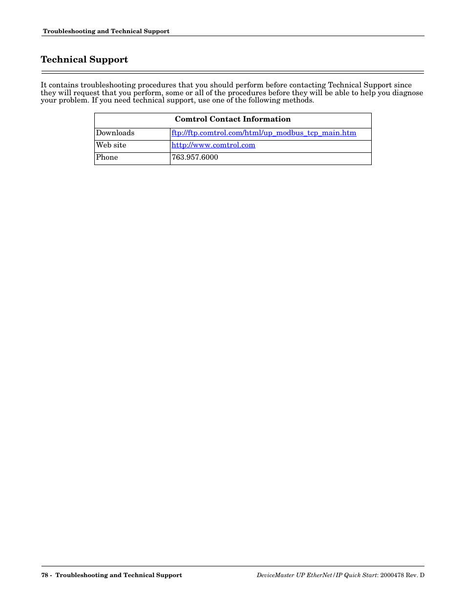 Technical support | Comtrol Modbus TCP Quick Start User Manual | Page 78 / 78