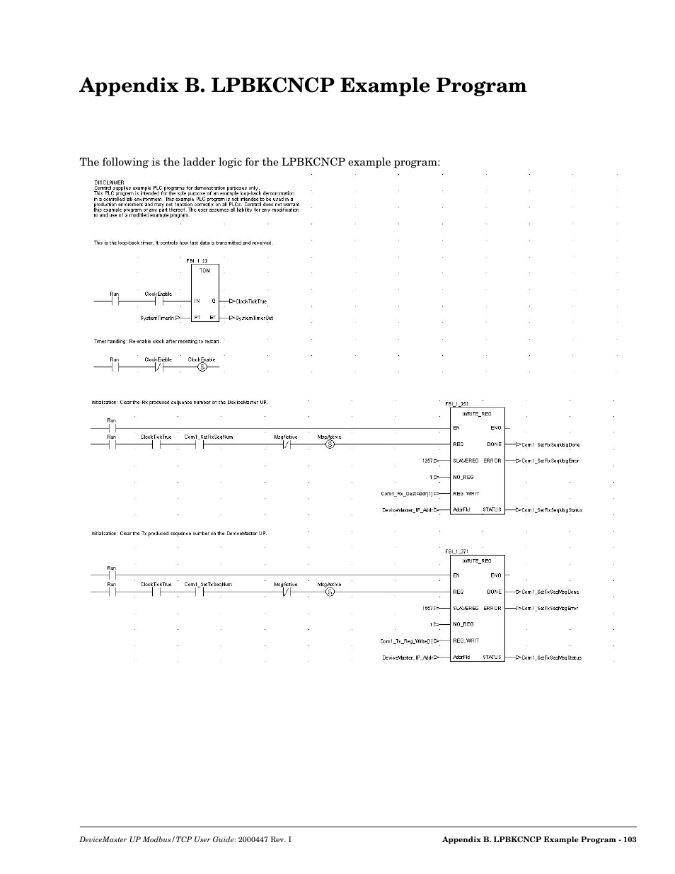 Appendix b. lpbkcncp example program, Lpbkcncp example program | Comtrol Modbus TCP User Guide User Manual | Page 103 / 112