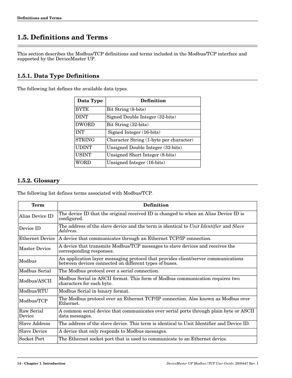 Definitions and terms, Data type definitions, Glossary | Data type definitions 1.5.2. glossary | Comtrol Modbus TCP User Guide User Manual | Page 14 / 112