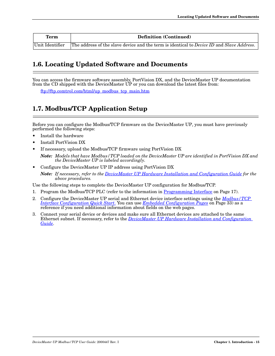 Locating updated software and documents, Modbus/tcp application setup | Comtrol Modbus TCP User Guide User Manual | Page 15 / 112