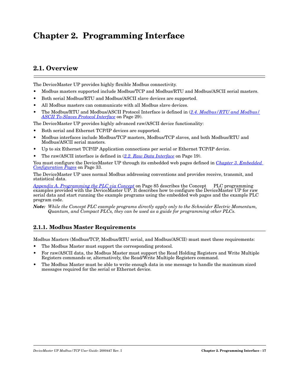 Chapter 2. programming interface, Overview, Modbus master requirements | Programming interface | Comtrol Modbus TCP User Guide User Manual | Page 17 / 112