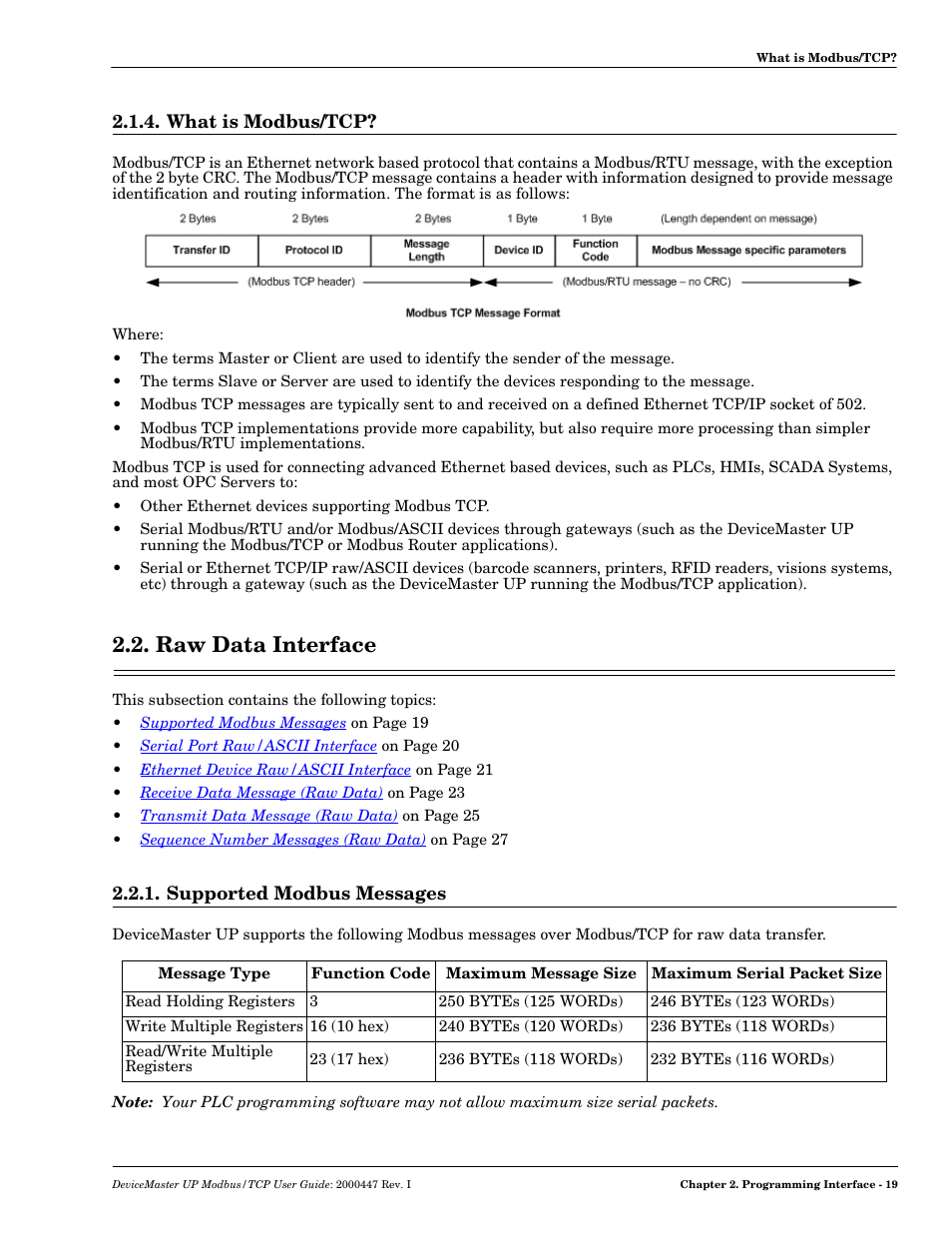 What is modbus/tcp, Raw data interface, Supported modbus messages | Comtrol Modbus TCP User Guide User Manual | Page 19 / 112