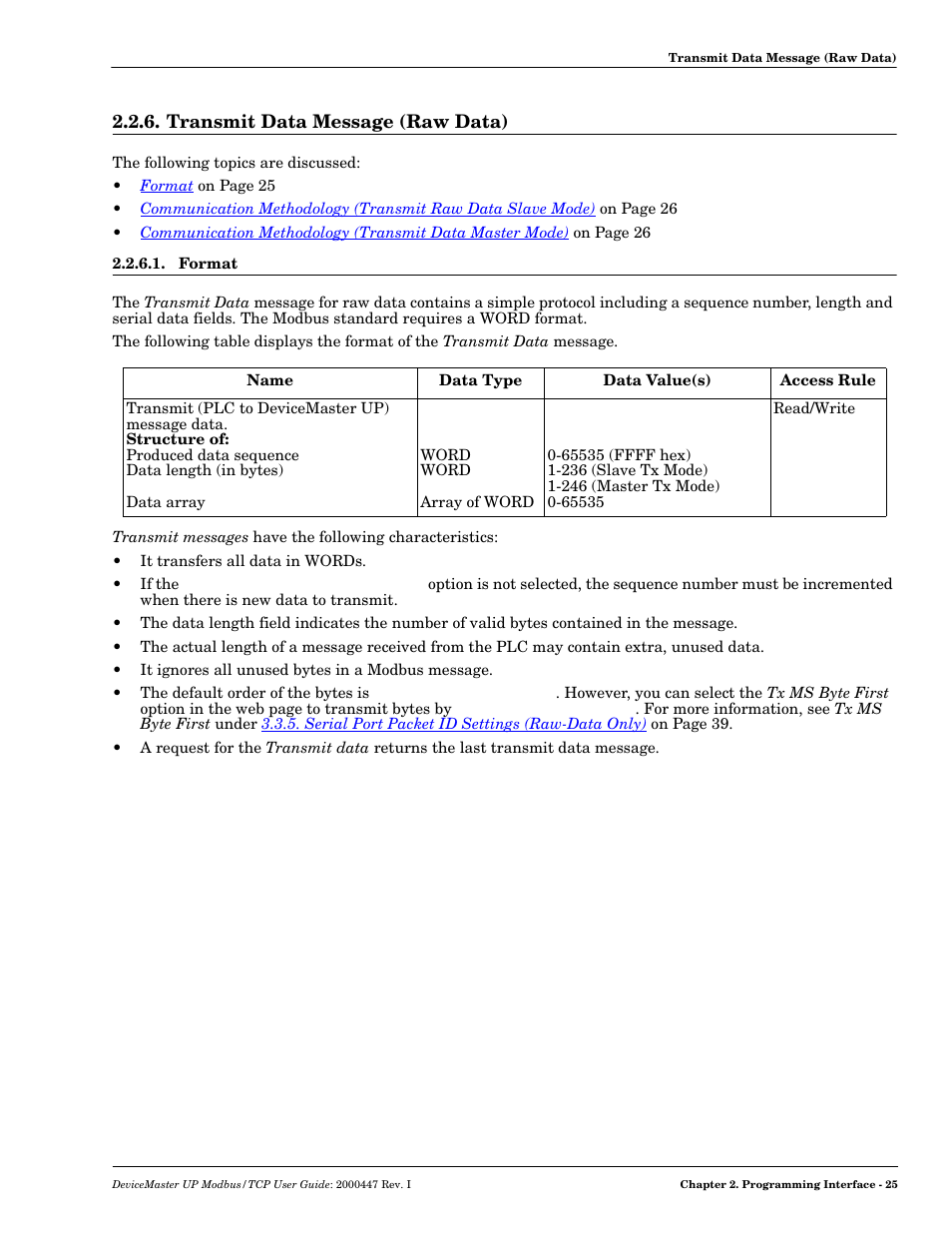 Transmit data message (raw data), Format | Comtrol Modbus TCP User Guide User Manual | Page 25 / 112