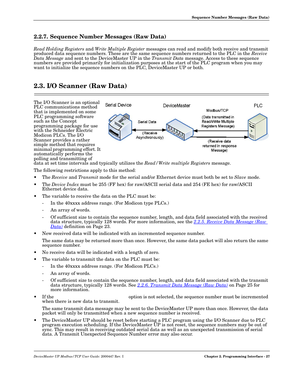 Sequence number messages (raw data), I/o scanner (raw data) | Comtrol Modbus TCP User Guide User Manual | Page 27 / 112