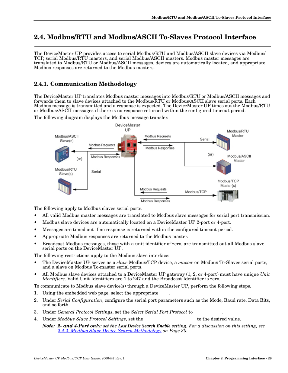 Communication methodology, Modbus/rtu and modbus, Ascii to-slaves protocol interface | Comtrol Modbus TCP User Guide User Manual | Page 29 / 112