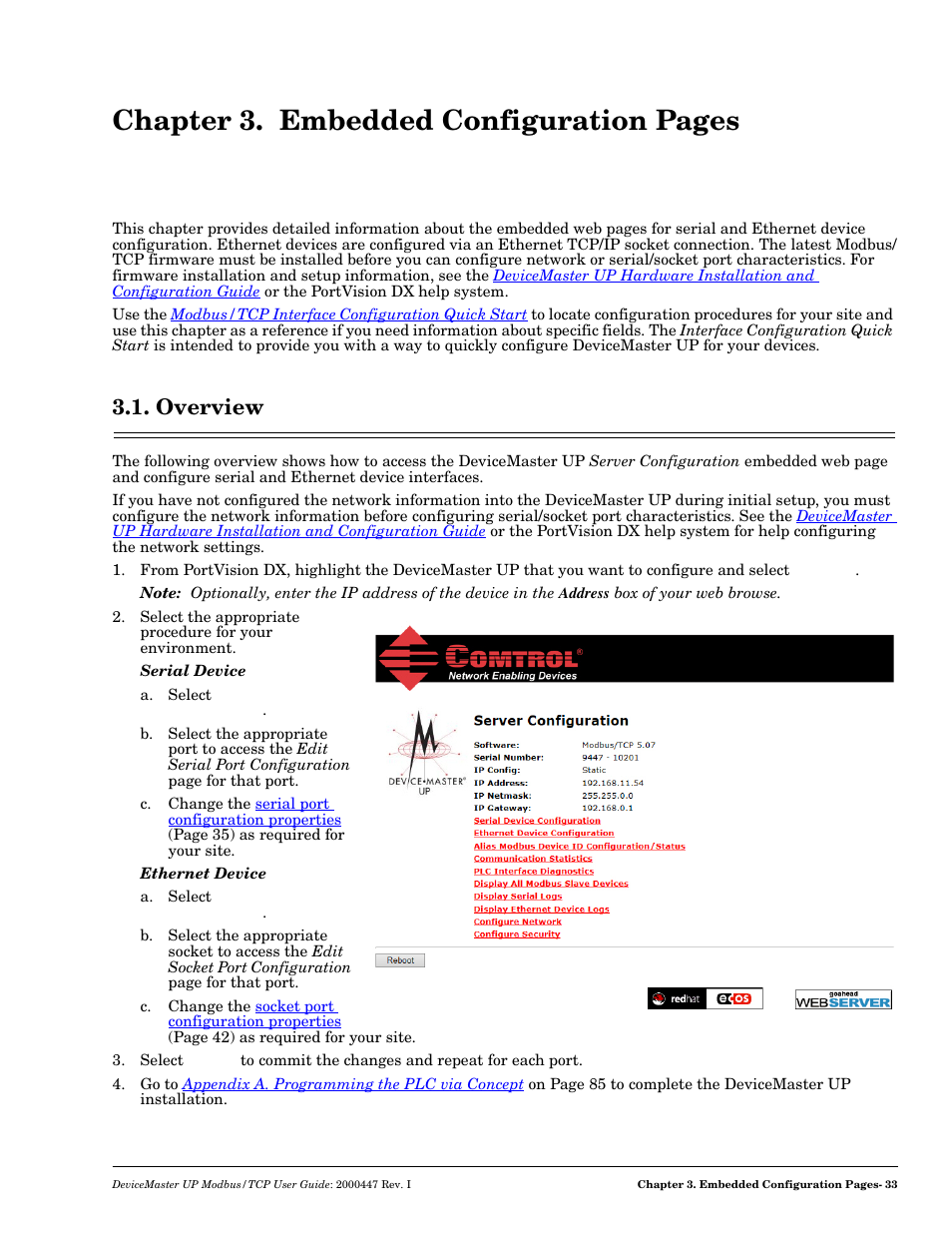Overview, Chapter 3. embedded, Chapter 3. embedded configuration pages | Comtrol Modbus TCP User Guide User Manual | Page 33 / 112