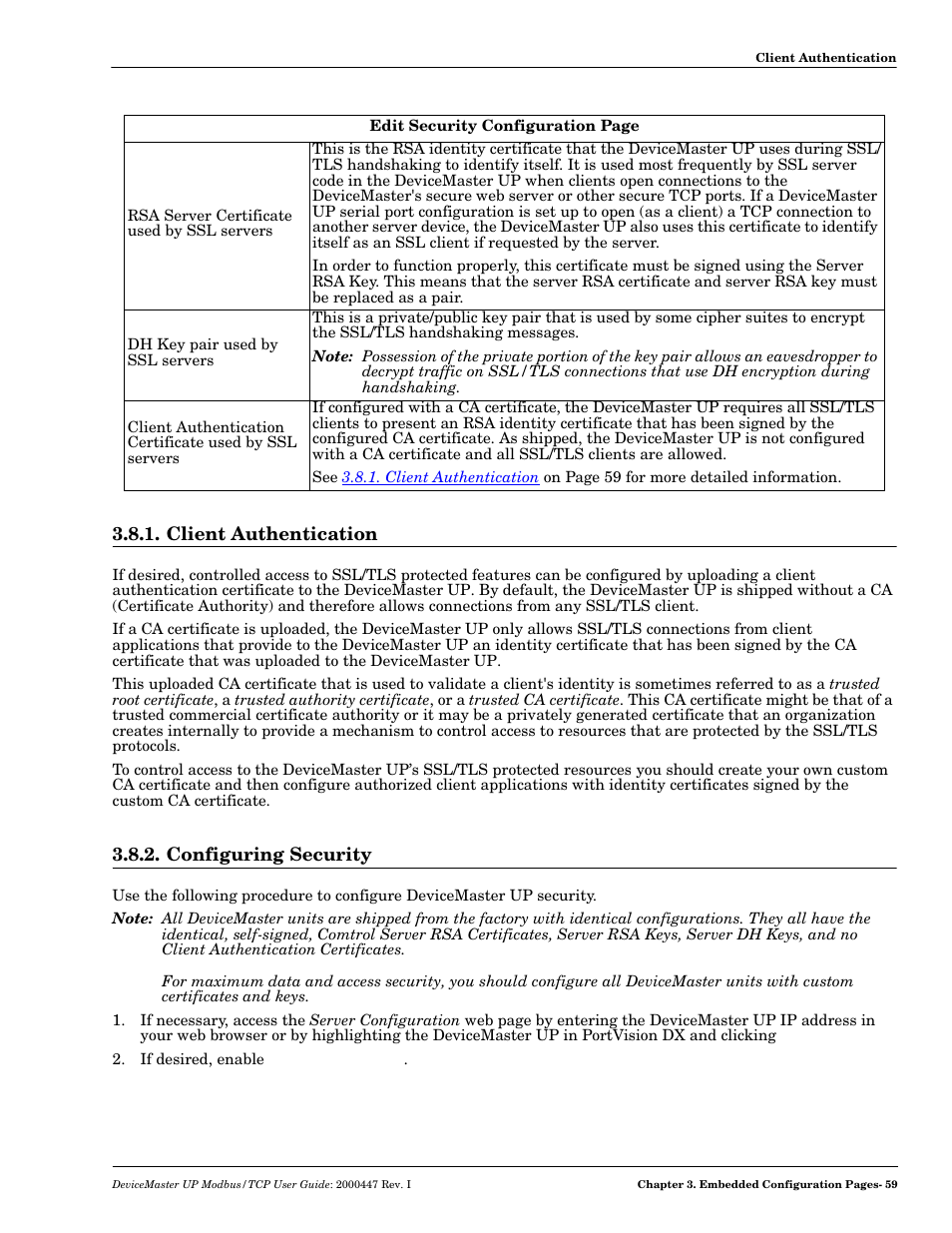 Client authentication, Configuring security, Client authentication 3.8.2. configuring security | Comtrol Modbus TCP User Guide User Manual | Page 59 / 112