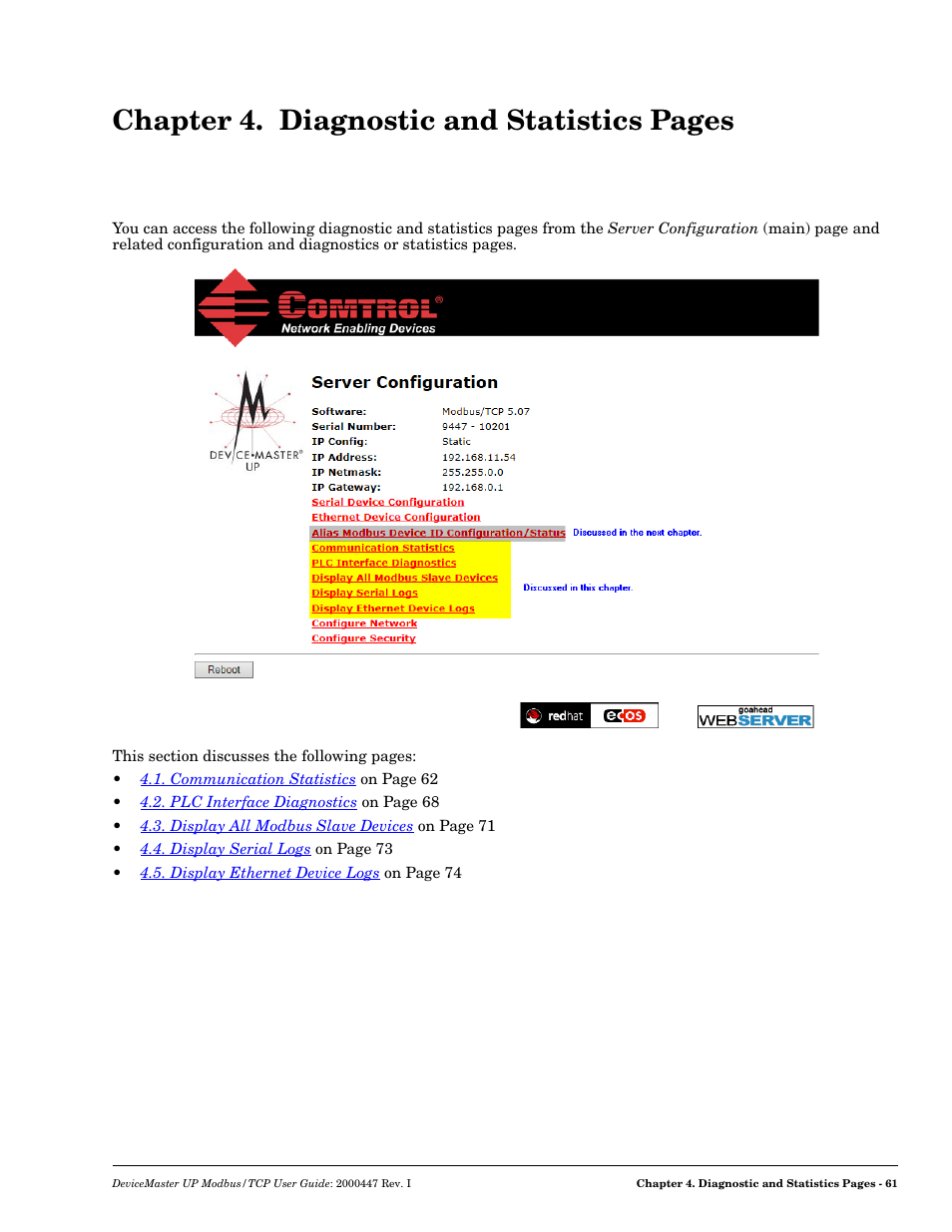 Chapter 4. diagnostic and statistics pages | Comtrol Modbus TCP User Guide User Manual | Page 61 / 112