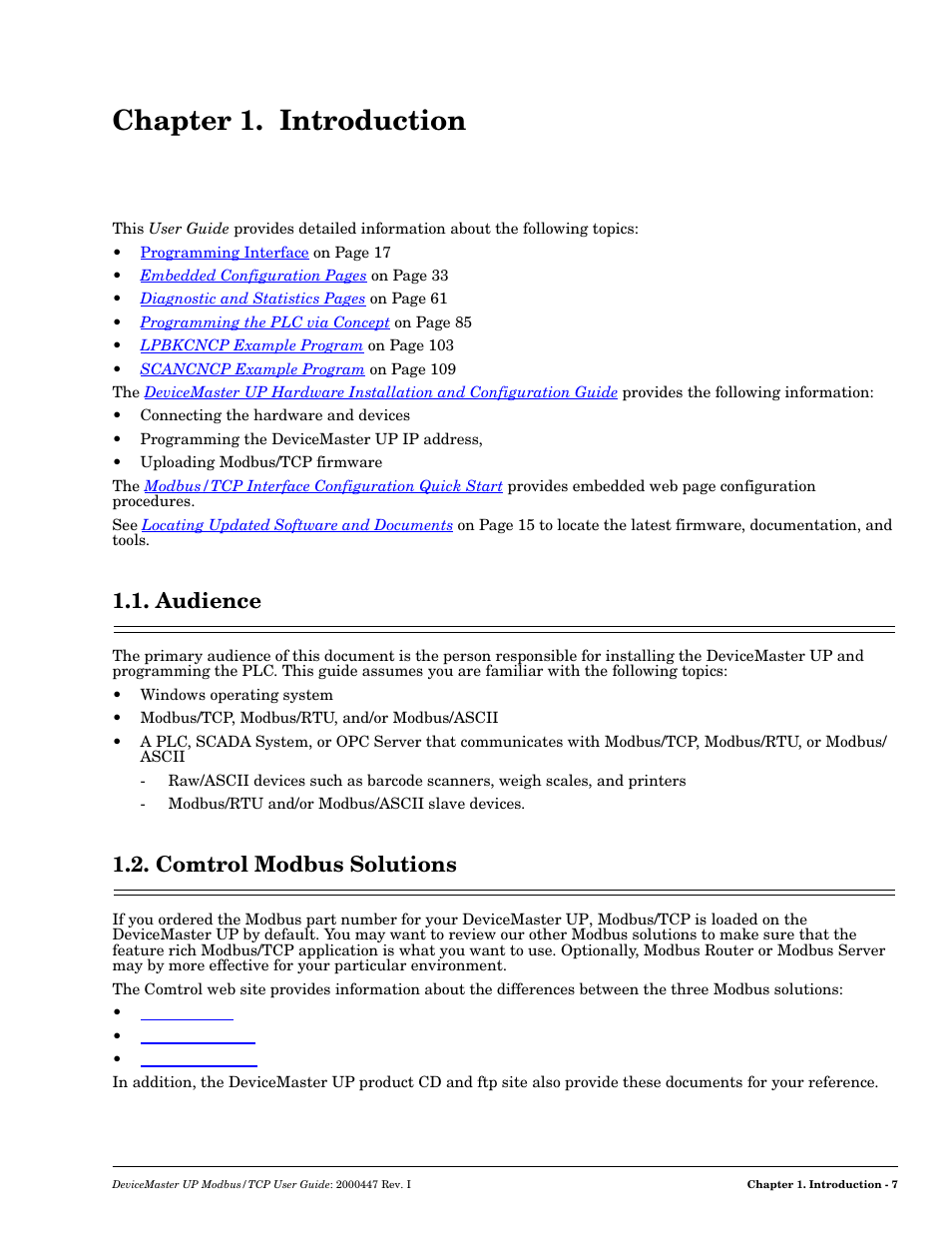 Chapter 1. introduction, Audience, Comtrol modbus solutions | R 1. introduction, Audience 1.2. comtrol modbus solutions | Comtrol Modbus TCP User Guide User Manual | Page 7 / 112