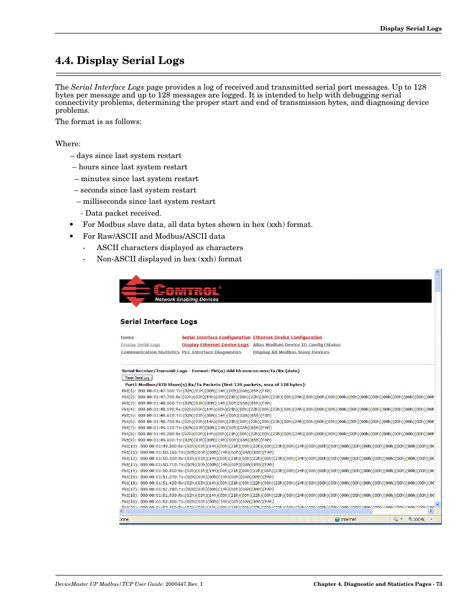 Display serial logs | Comtrol Modbus TCP User Guide User Manual | Page 73 / 112