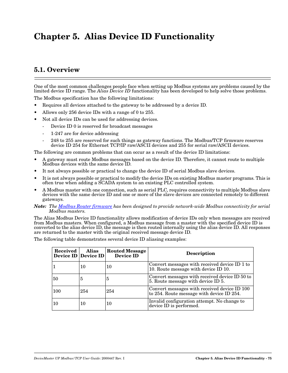 Chapter 5. alias device id functionality, Overview, Chapter 5. alias | Device id functionality | Comtrol Modbus TCP User Guide User Manual | Page 75 / 112