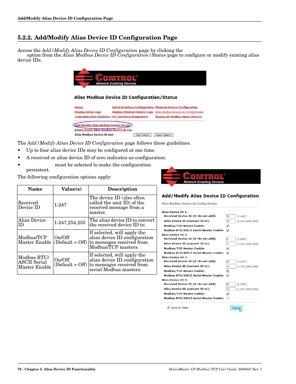 Add/modify alias device id configuration page | Comtrol Modbus TCP User Guide User Manual | Page 78 / 112
