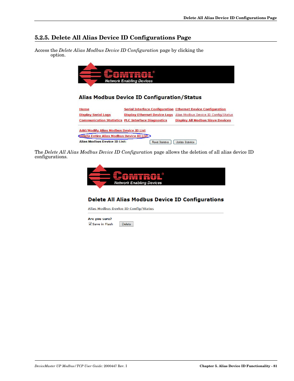 Delete all alias device id configurations page | Comtrol Modbus TCP User Guide User Manual | Page 81 / 112