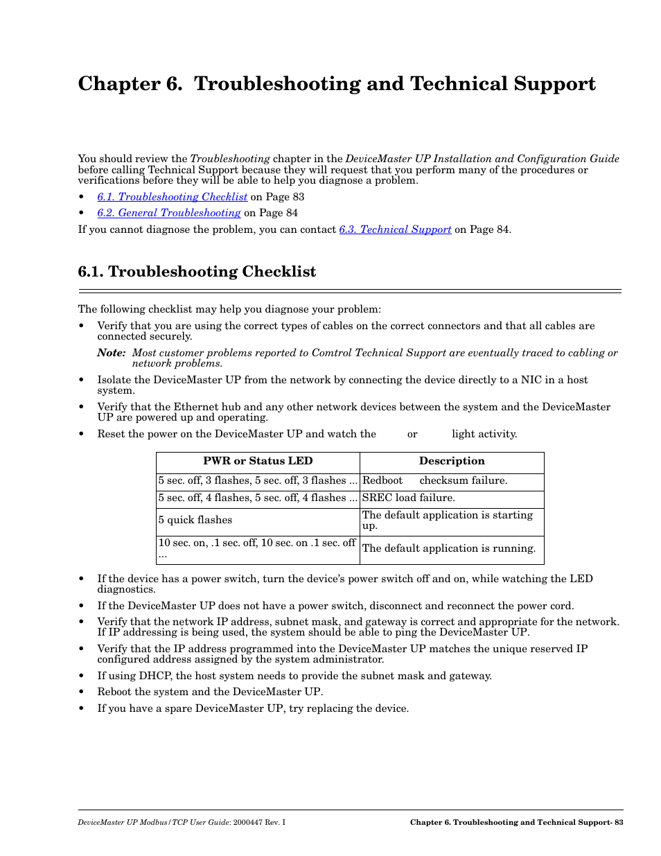 Chapter 6. troubleshooting and technical support, Troubleshooting checklist | Comtrol Modbus TCP User Guide User Manual | Page 83 / 112