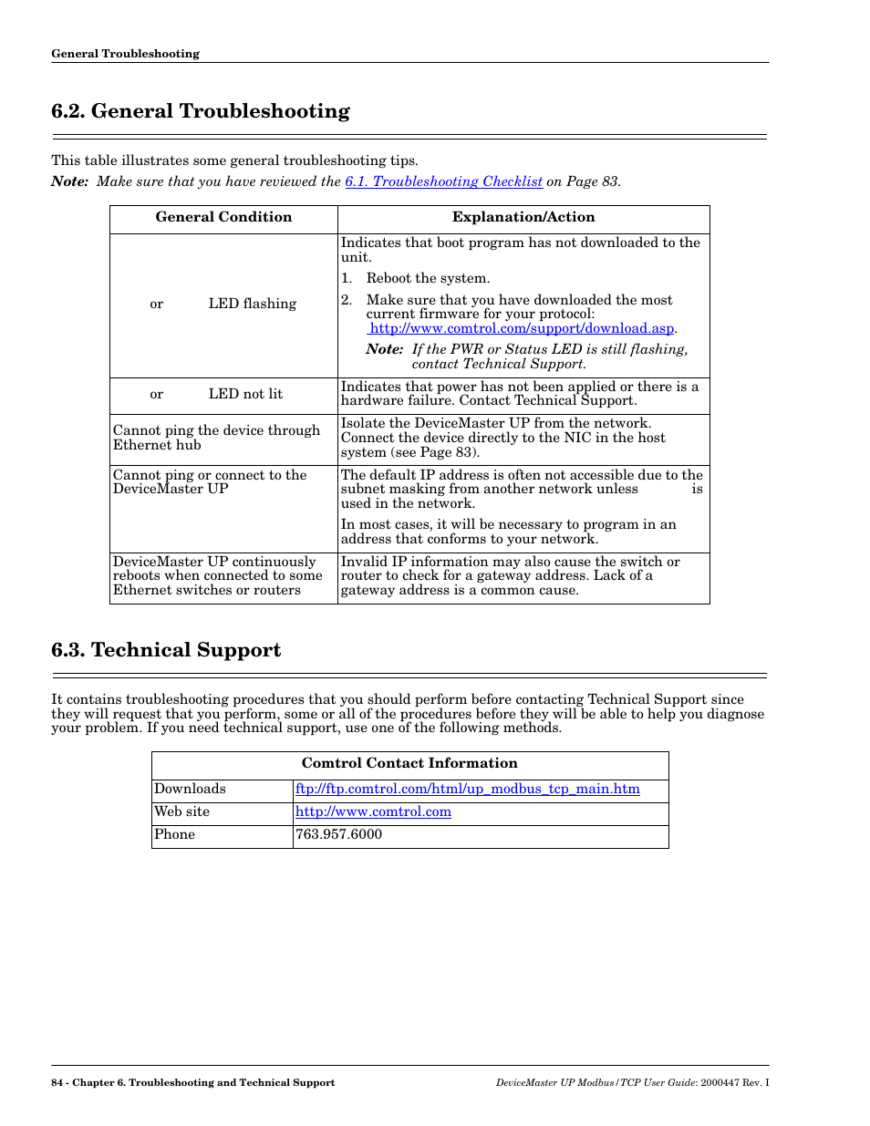 General troubleshooting, Technical support, General troubleshooting 6.3. technical support | Comtrol Modbus TCP User Guide User Manual | Page 84 / 112