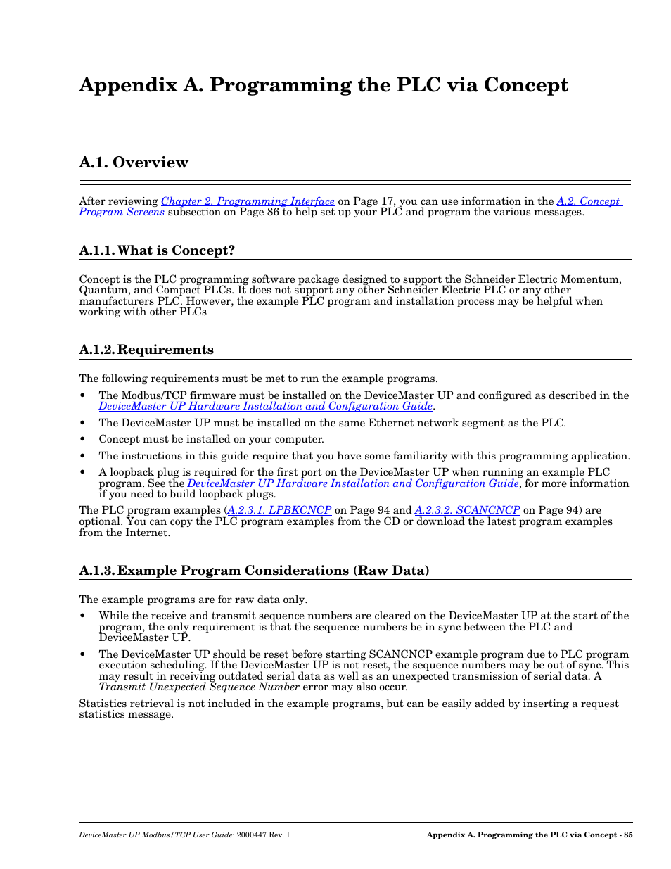 Appendix a. programming the plc via concept, A.1. overview, A.1.1. what is concept | A.1.2. requirements, A.1.3. example program considerations (raw data), Programming the plc via concept, Go to | Comtrol Modbus TCP User Guide User Manual | Page 85 / 112