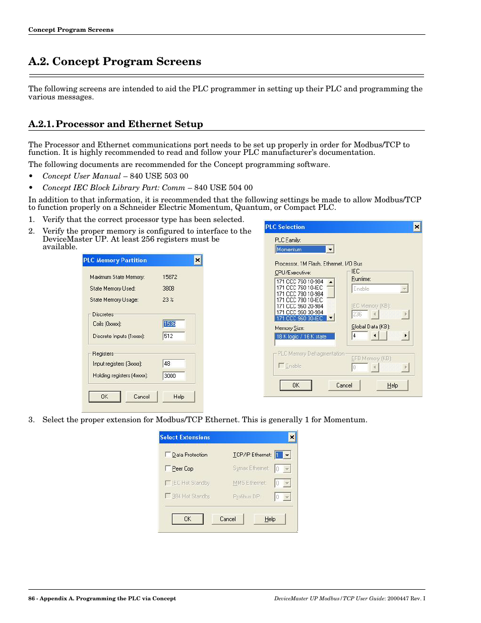 A.2. concept program screens, A.2.1. processor and ethernet setup, A.2. concept | Program screens, Subs | Comtrol Modbus TCP User Guide User Manual | Page 86 / 112