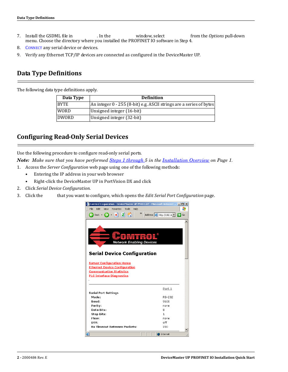 Data type definitions, Configuring read-only serial devices, Configuring read­only serial devices | Comtrol PROFINET IO User Manual | Page 2 / 18