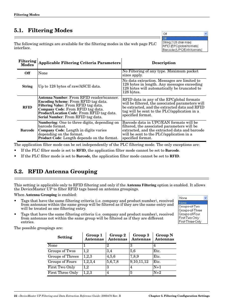 Filtering modes, Rfid antenna grouping, Filtering modes 5.2. rfid antenna grouping | Comtrol UP DeviceMaster Filtering and Data Extraction User Manual | Page 22 / 26