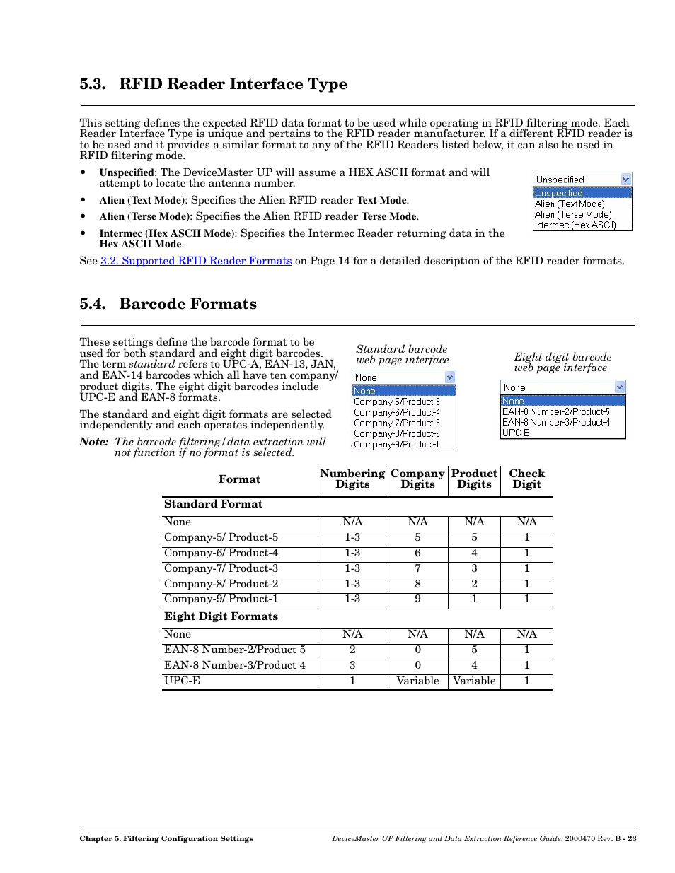 Rfid reader interface type, Barcode formats, Rfid reader interface type 5.4. barcode formats | Comtrol UP DeviceMaster Filtering and Data Extraction User Manual | Page 23 / 26