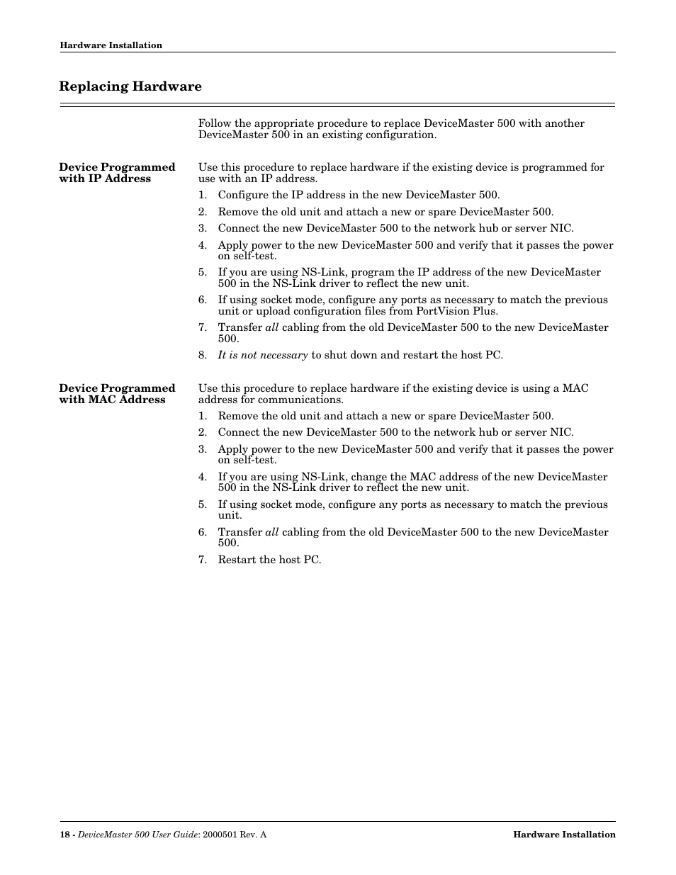 Replacing hardware, Device programmed with ip address, Device programmed with mac address | Comtrol 500 DeviceMaster User Manual | Page 18 / 72