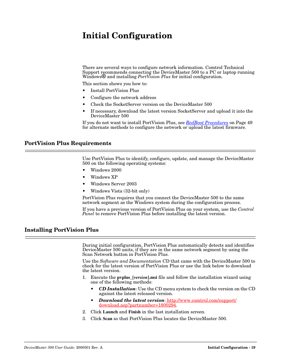 Initial configuration, Portvision plus requirements, Installing portvision plus | Comtrol 500 DeviceMaster User Manual | Page 19 / 72