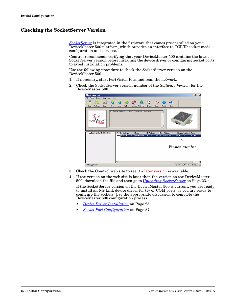 Checking the socketserver version | Comtrol 500 DeviceMaster User Manual | Page 22 / 72