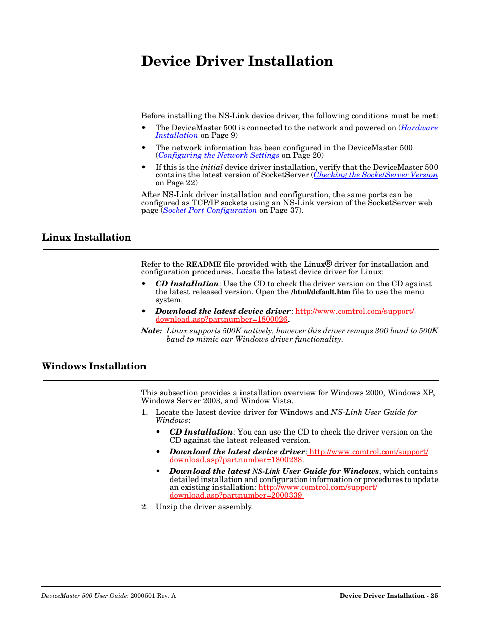 Device driver installation, Linux installation, Windows installation | Linux installation windows installation | Comtrol 500 DeviceMaster User Manual | Page 25 / 72