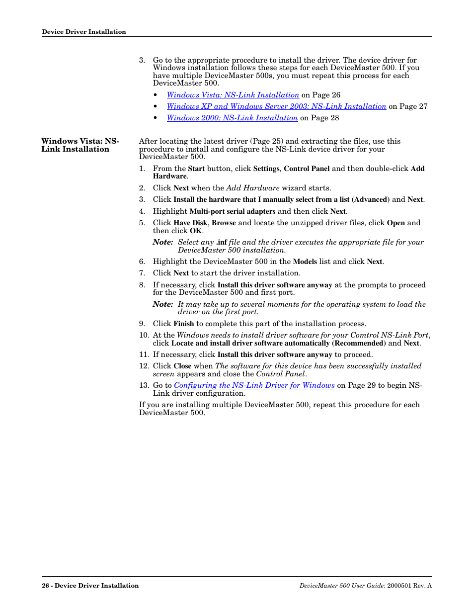 Windows vista: ns- link installation, Windows vista: ns-link installation | Comtrol 500 DeviceMaster User Manual | Page 26 / 72