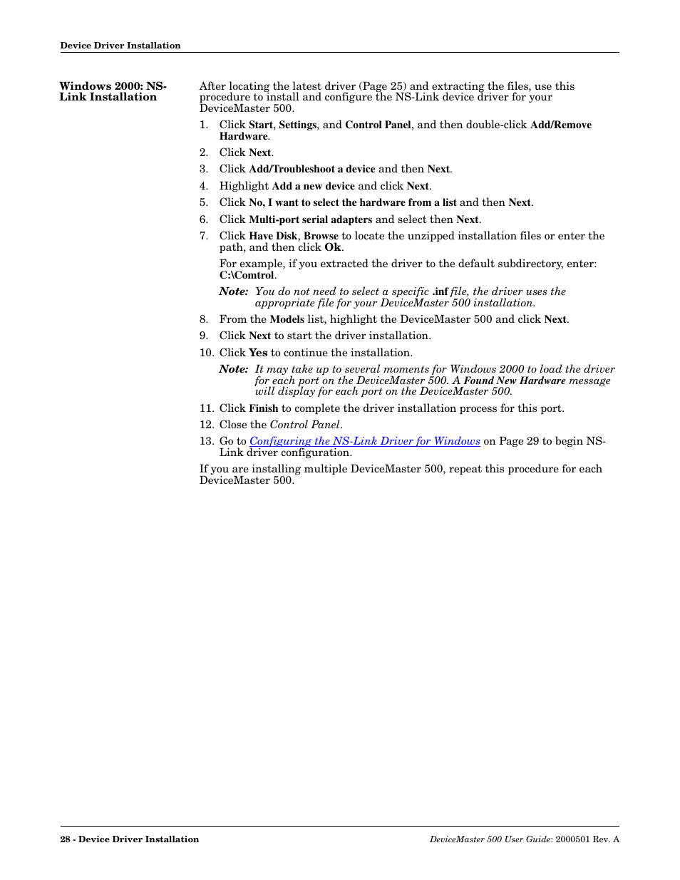 Windows 2000: ns- link installation, Windows 2000: ns-link installation | Comtrol 500 DeviceMaster User Manual | Page 28 / 72