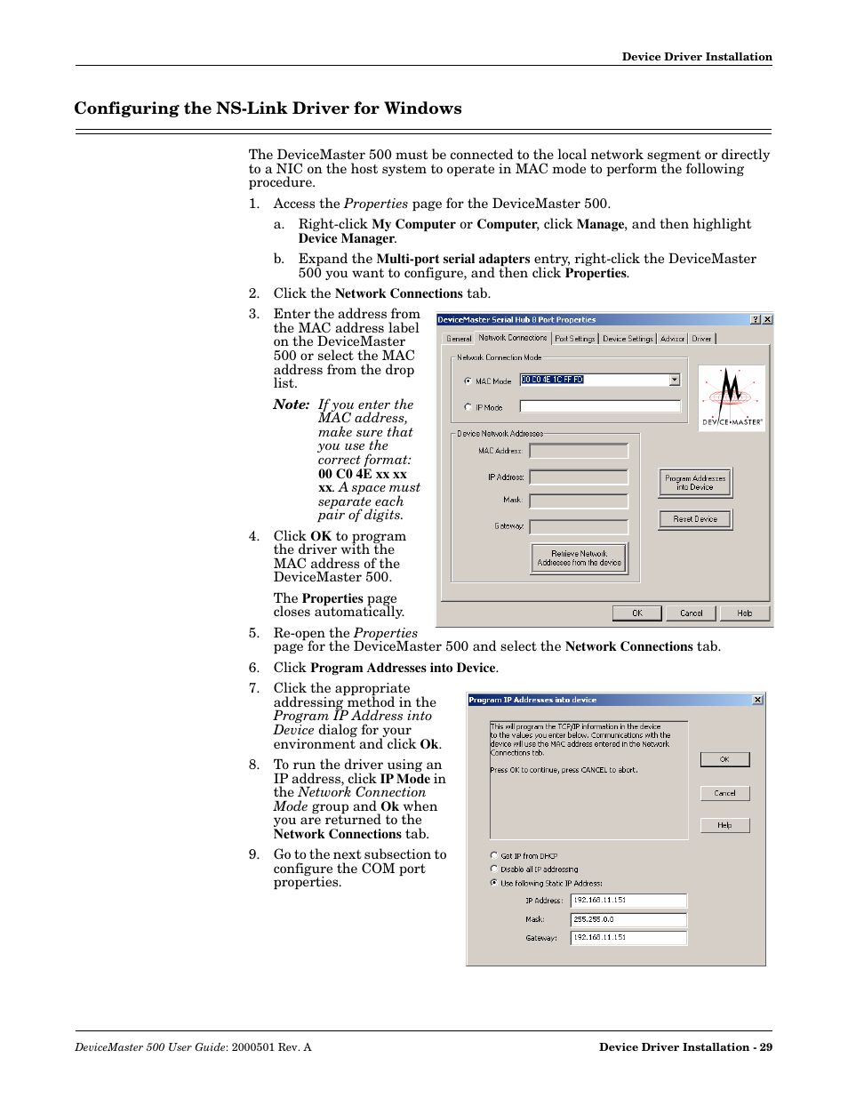 Configuring the ns-link driver for windows, O to | Comtrol 500 DeviceMaster User Manual | Page 29 / 72
