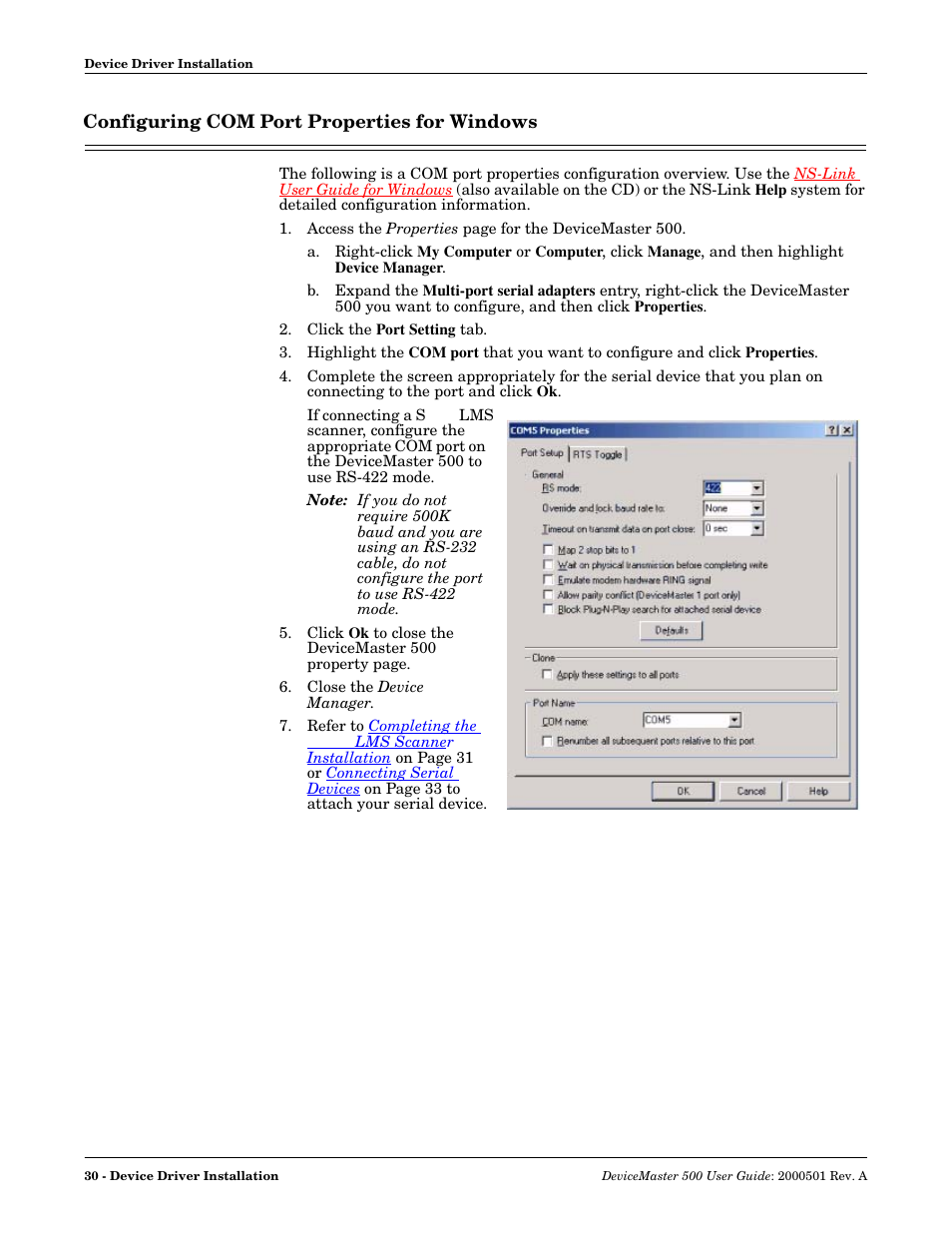 Configuring com port properties for windows | Comtrol 500 DeviceMaster User Manual | Page 30 / 72