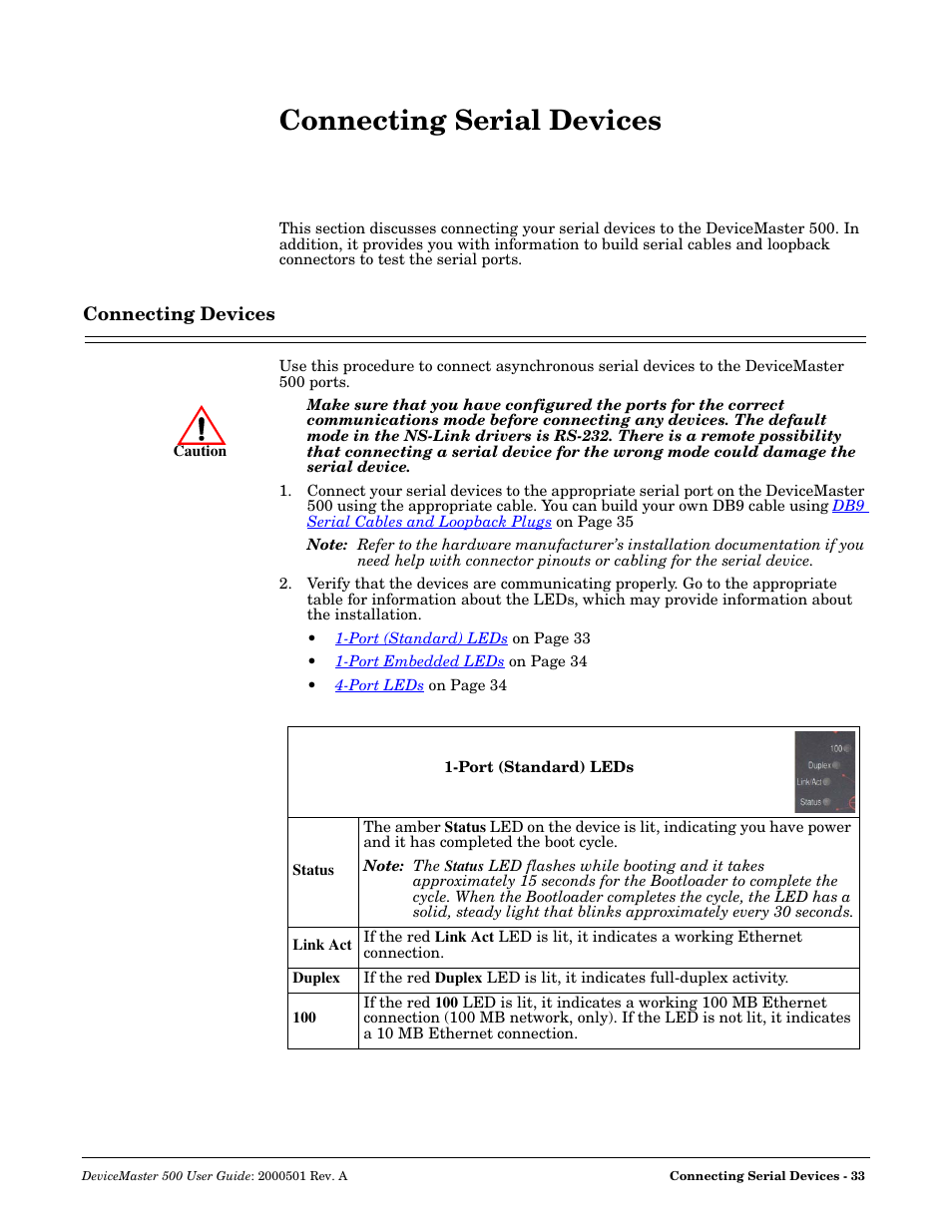 Connecting serial devices, Connecting devices, Connecting serial | Devices | Comtrol 500 DeviceMaster User Manual | Page 33 / 72
