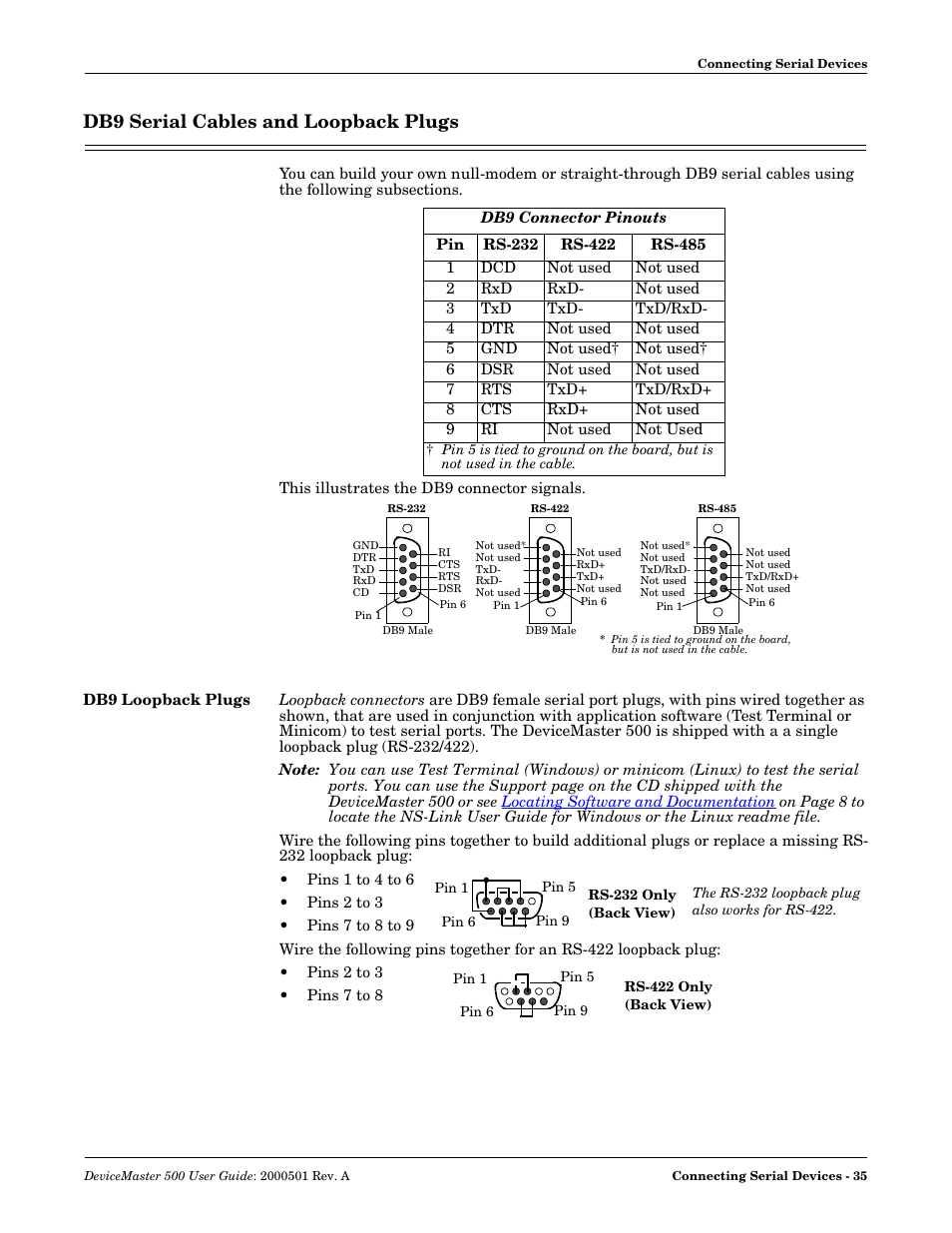 Db9 serial cables and loopback plugs, Db9 loopback plugs, Serial cables and loopback plugs | Comtrol 500 DeviceMaster User Manual | Page 35 / 72