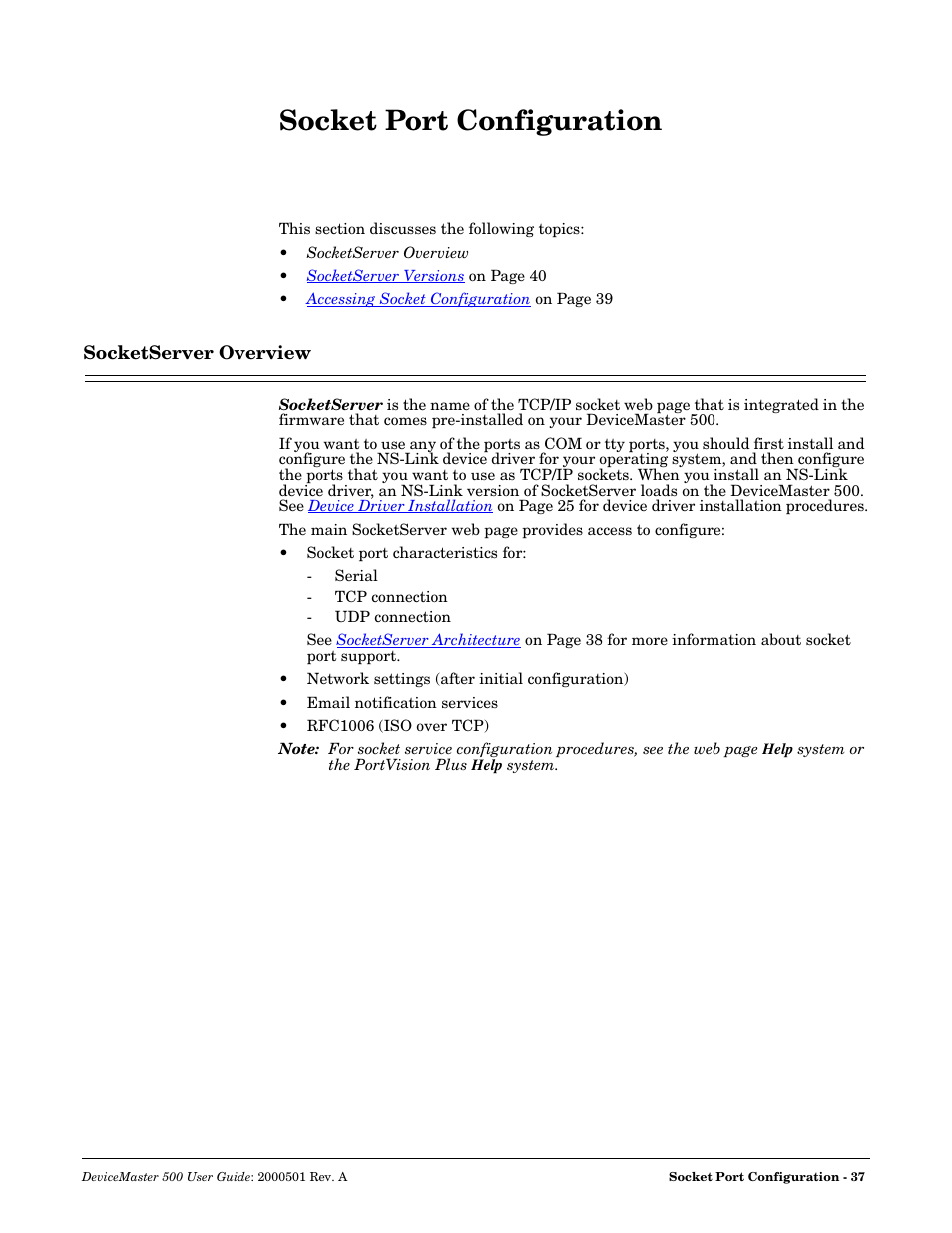 Socket port configuration, Socketserver overview, Socketserver | Comtrol 500 DeviceMaster User Manual | Page 37 / 72