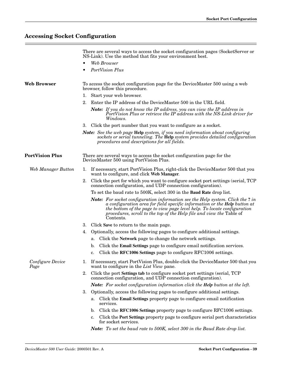Accessing socket configuration, Web browser, Portvision plus | Web manager button, Web browser portvision plus | Comtrol 500 DeviceMaster User Manual | Page 39 / 72