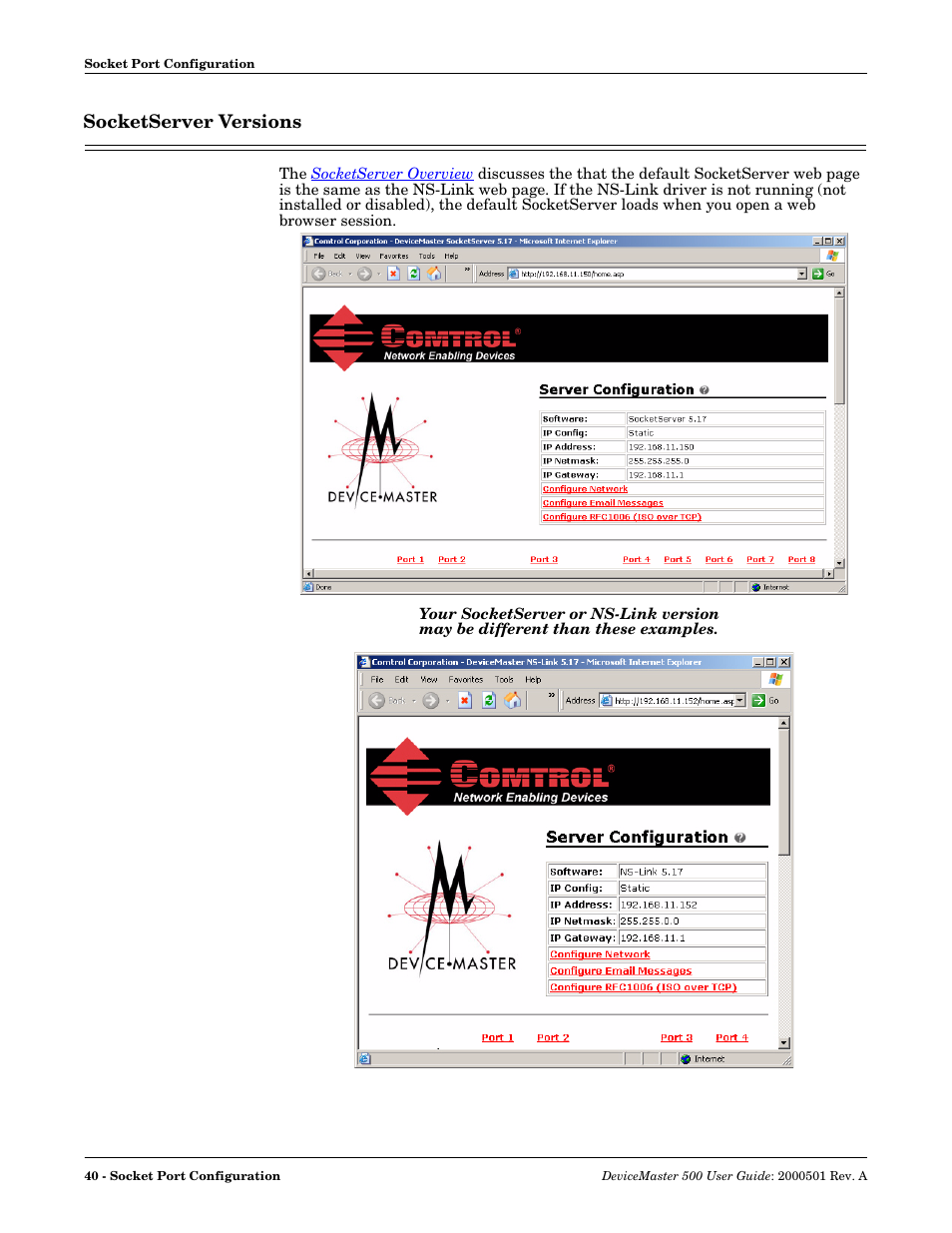 Socketserver versions | Comtrol 500 DeviceMaster User Manual | Page 40 / 72