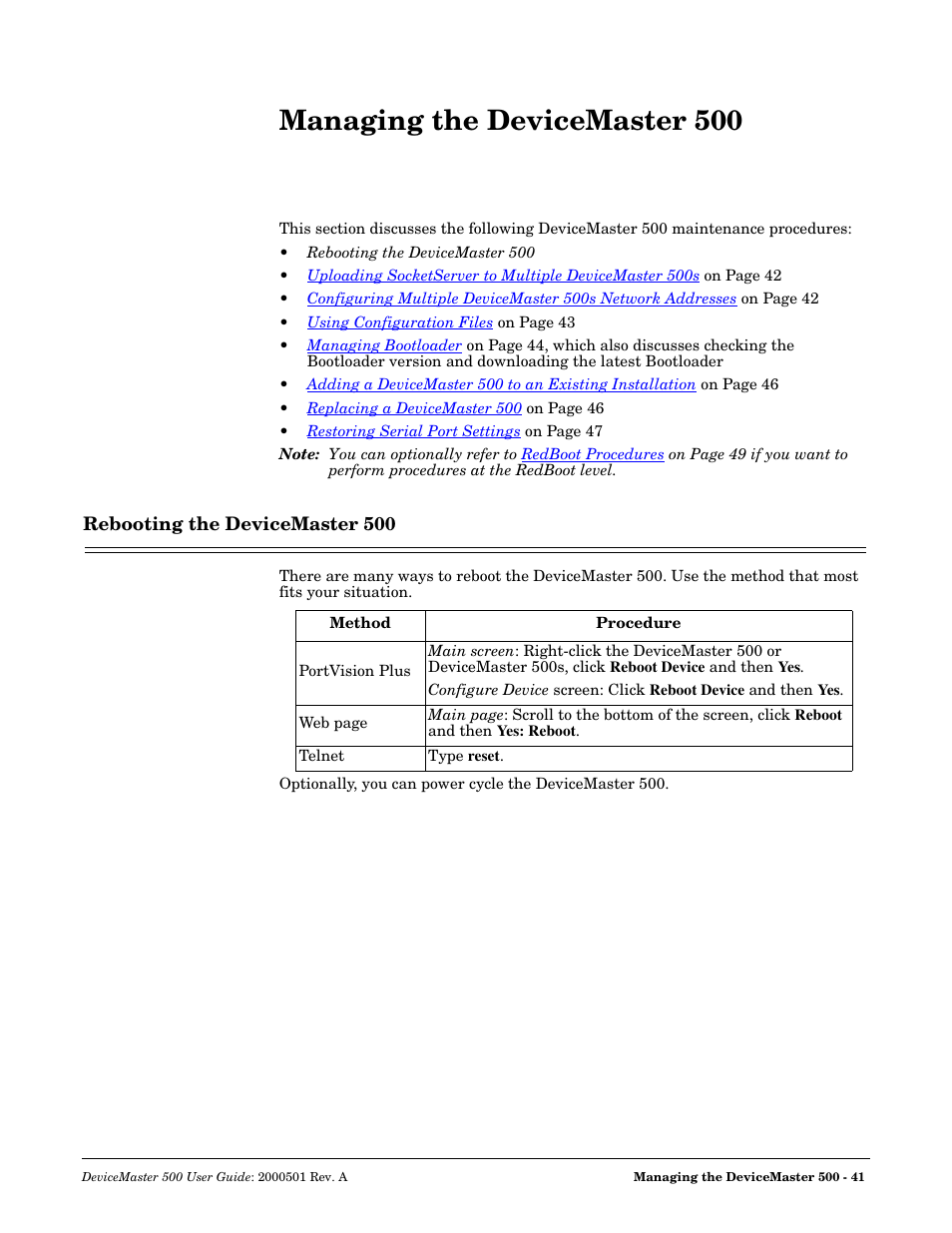 Managing the devicemaster 500, Rebooting the devicemaster 500 | Comtrol 500 DeviceMaster User Manual | Page 41 / 72