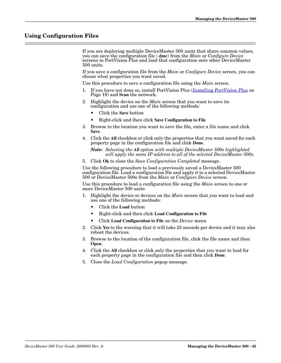 Using configuration files | Comtrol 500 DeviceMaster User Manual | Page 43 / 72