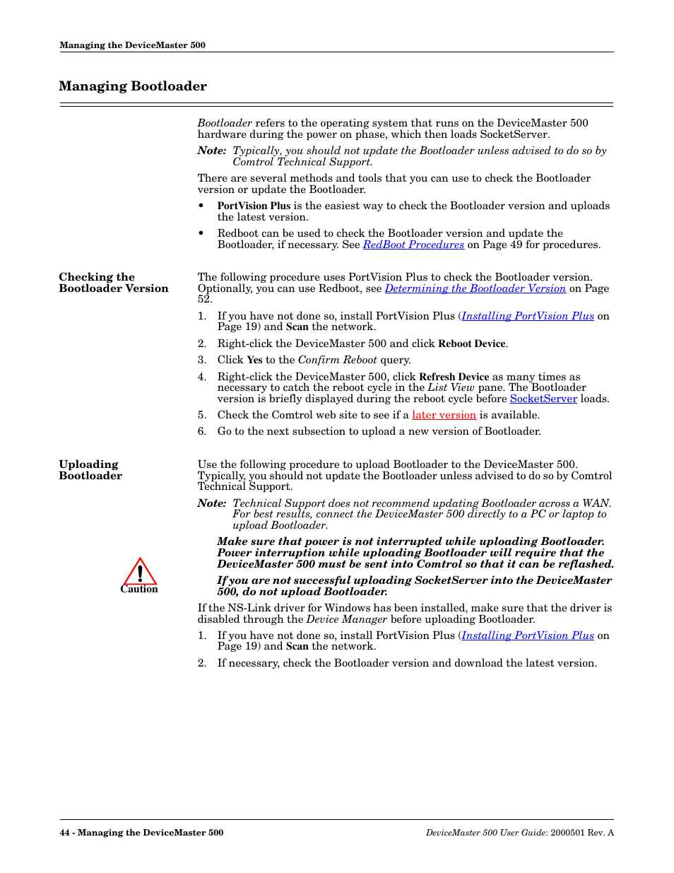 Managing bootloader, Checking the bootloader version, Uploading bootloader | Comtrol 500 DeviceMaster User Manual | Page 44 / 72