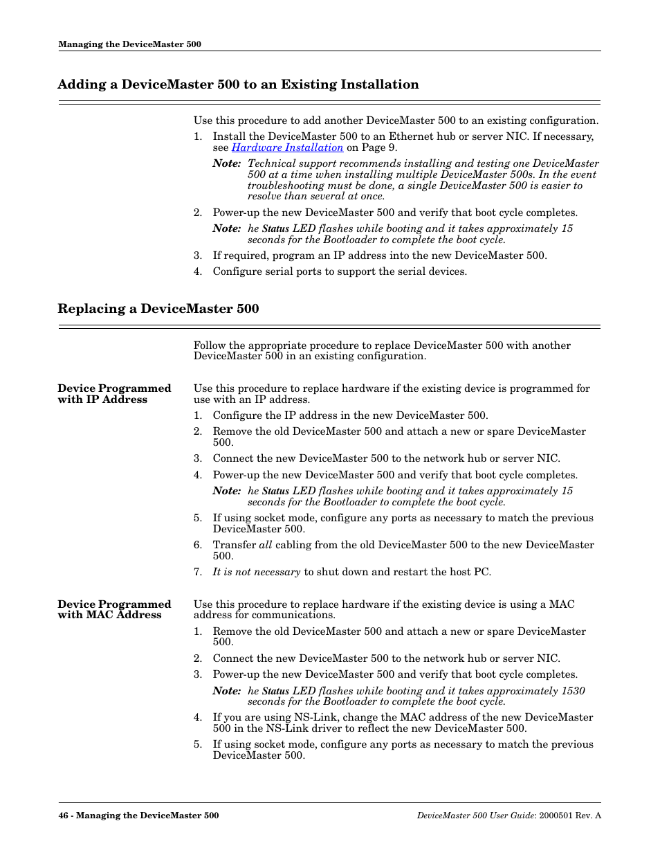 Replacing a devicemaster 500, Device programmed with ip address, Device programmed with mac address | Comtrol 500 DeviceMaster User Manual | Page 46 / 72