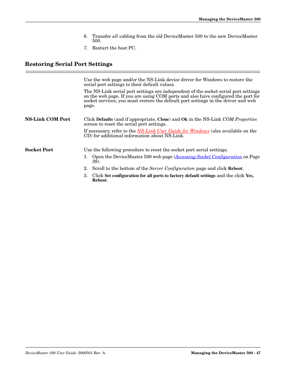 Restoring serial port settings, Ns-link com port, Socket port | Ns-link com port socket port | Comtrol 500 DeviceMaster User Manual | Page 47 / 72