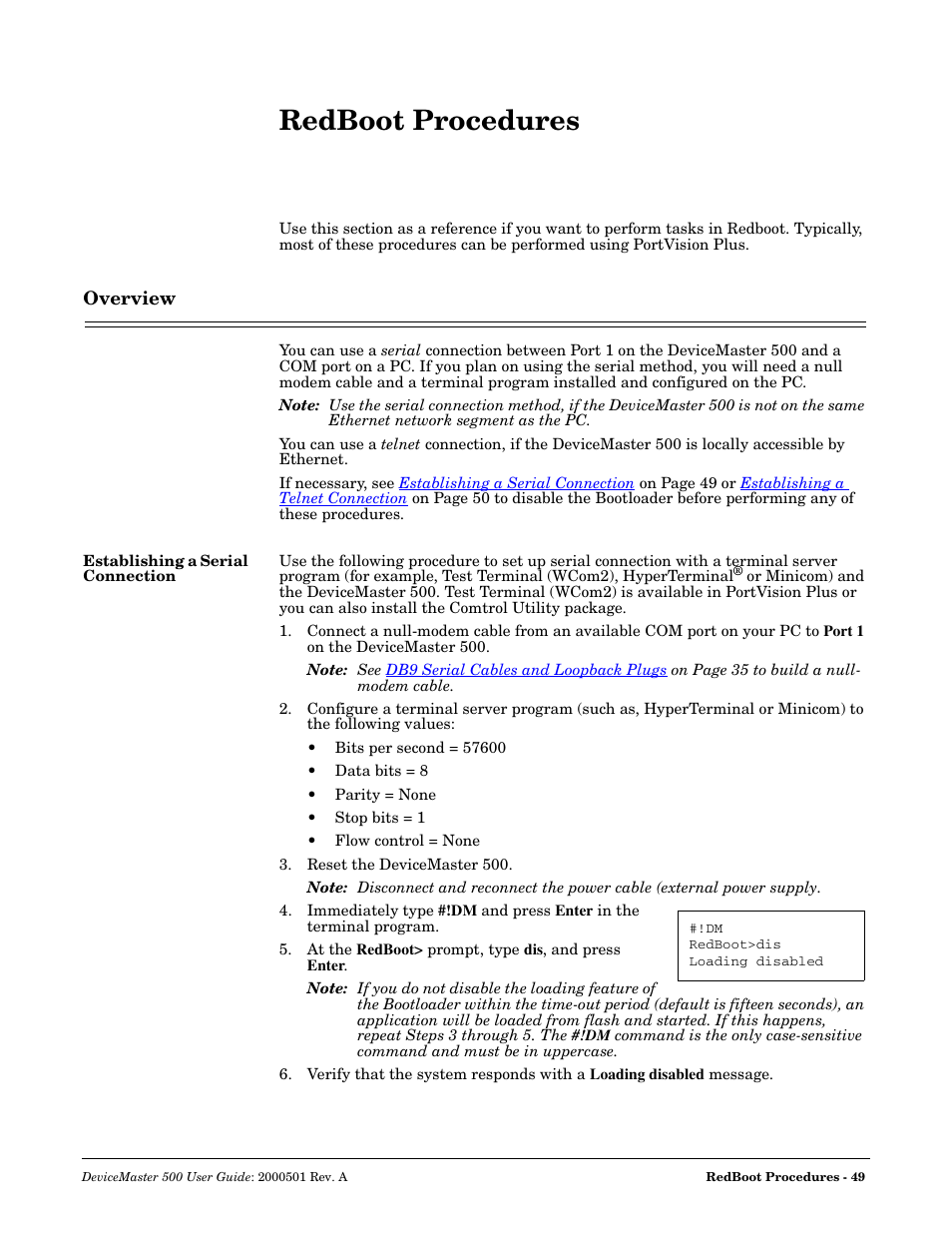 Redboot procedures, Overview, Establishing a serial connection | Comtrol 500 DeviceMaster User Manual | Page 49 / 72