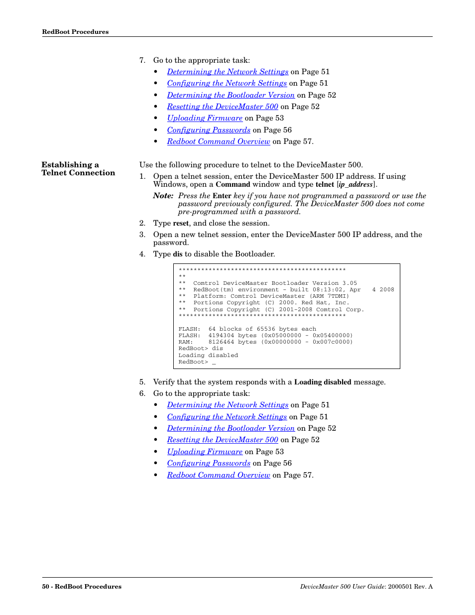 Establishing a telnet connection, Establishing a, Telnet connection | Comtrol 500 DeviceMaster User Manual | Page 50 / 72