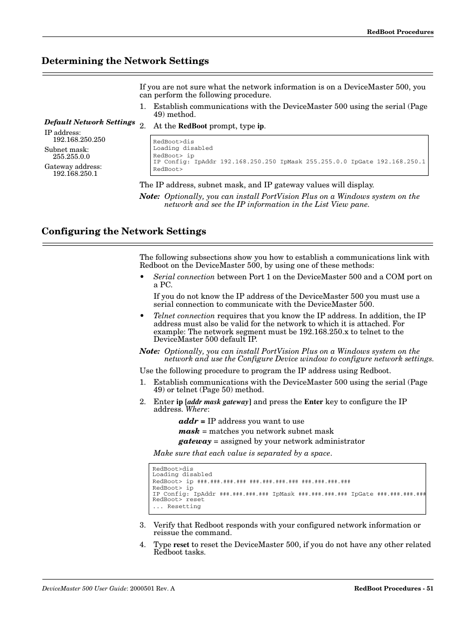 Determining the network settings, Configuring the network settings | Comtrol 500 DeviceMaster User Manual | Page 51 / 72