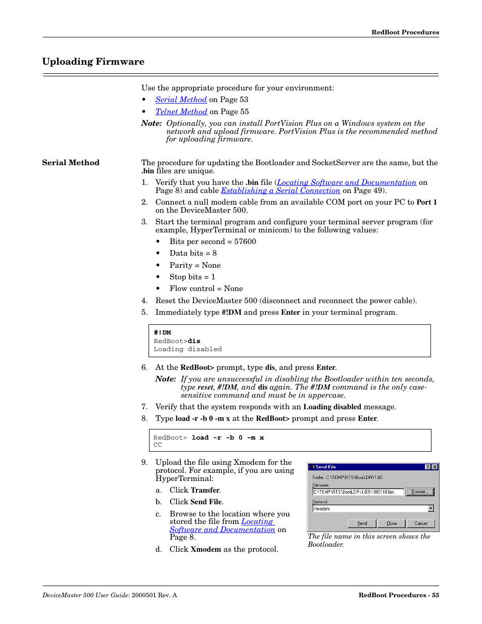 Uploading firmware, Serial method | Comtrol 500 DeviceMaster User Manual | Page 53 / 72